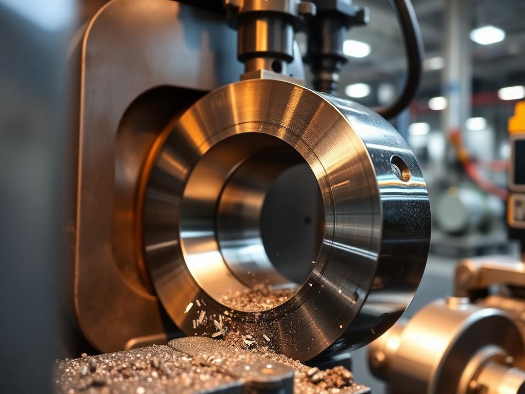 CNC lathe precision turning a steel valve disc seat face with fine metal chips