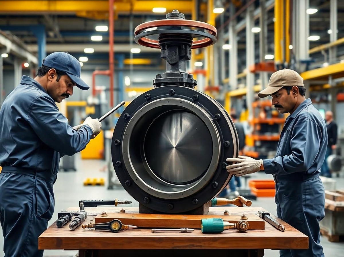 Assembly technicians torque-bolting a large flanged valve on the shop floor