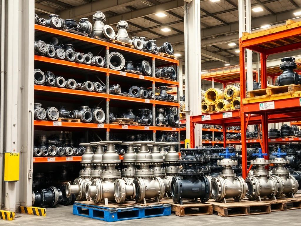 Warehouse racking holding raw valve castings and finished valves ready for dispatch