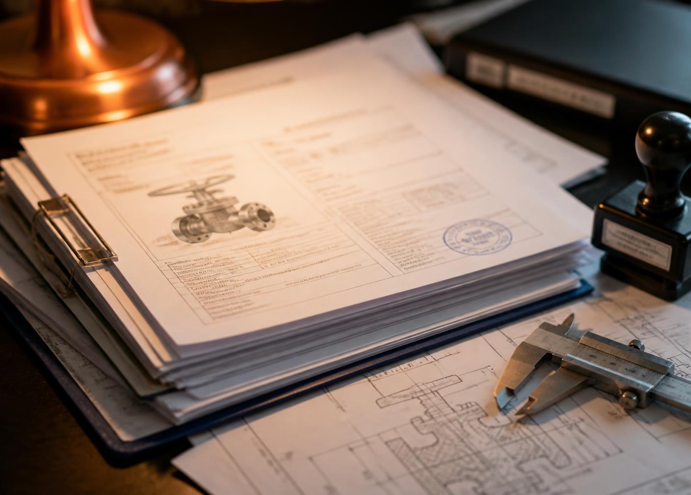Valve inspection data book open on a desk beside calipers and test certificates