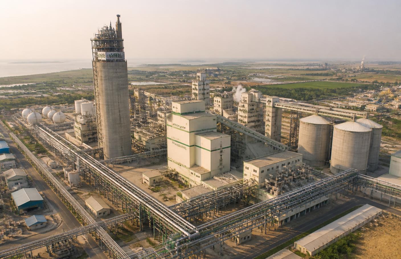 Aerial view of a fertiliser and urea plant with prilling tower and storage silos