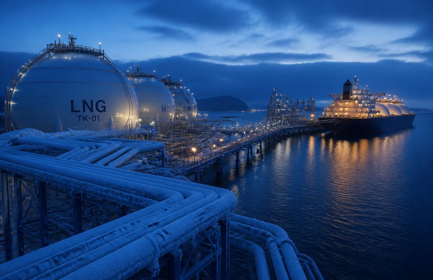 LNG terminal at blue hour with spherical storage tanks and frosted cold pipelines