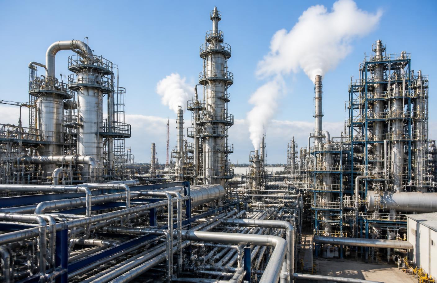 Petrochemical complex with stainless steel pipe manifolds and reactor columns