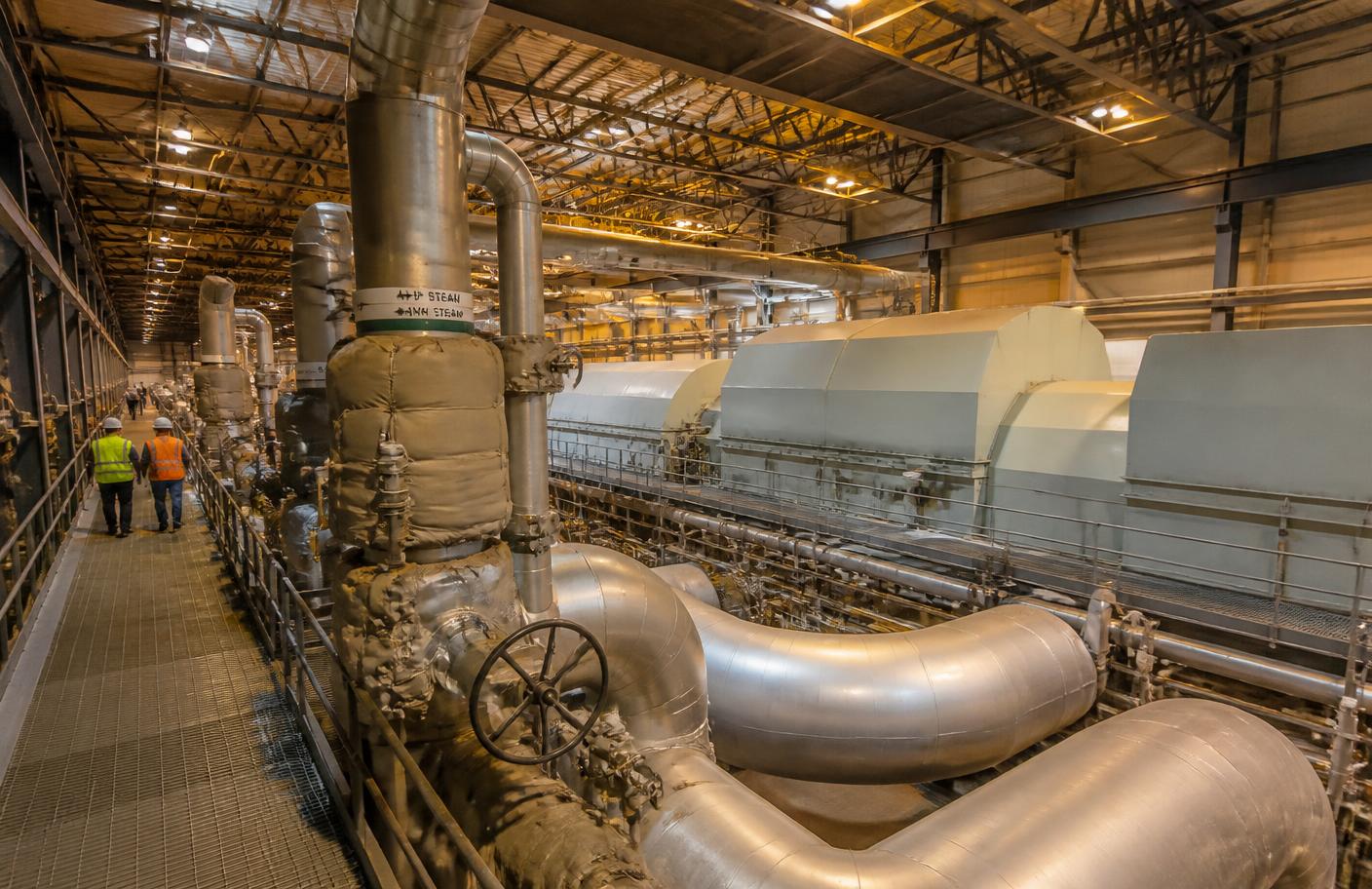Turbine hall of a thermal power station with insulated high pressure steam piping