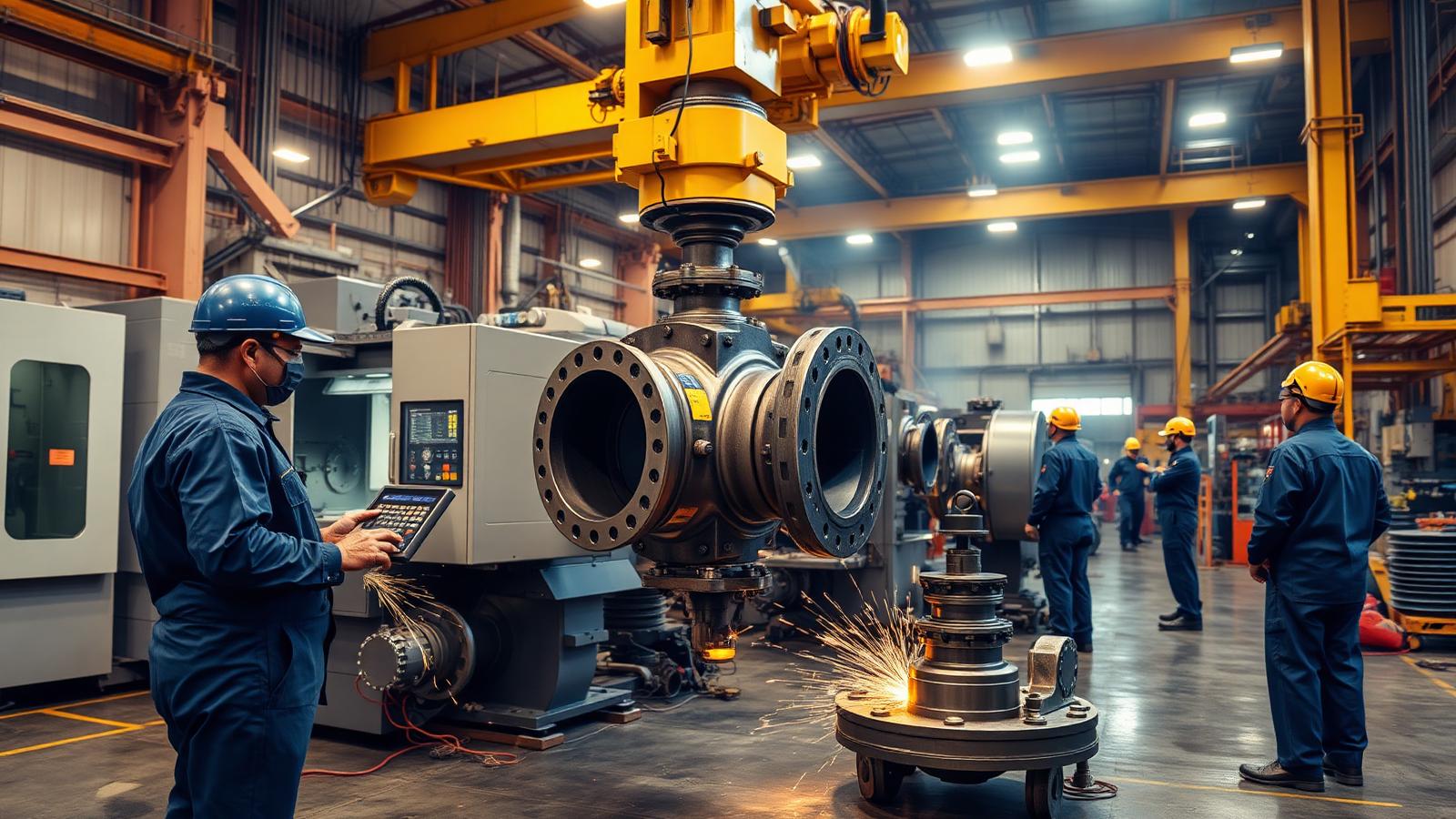Operators machining valve bodies on heavy turning centres inside the Panchvati works
