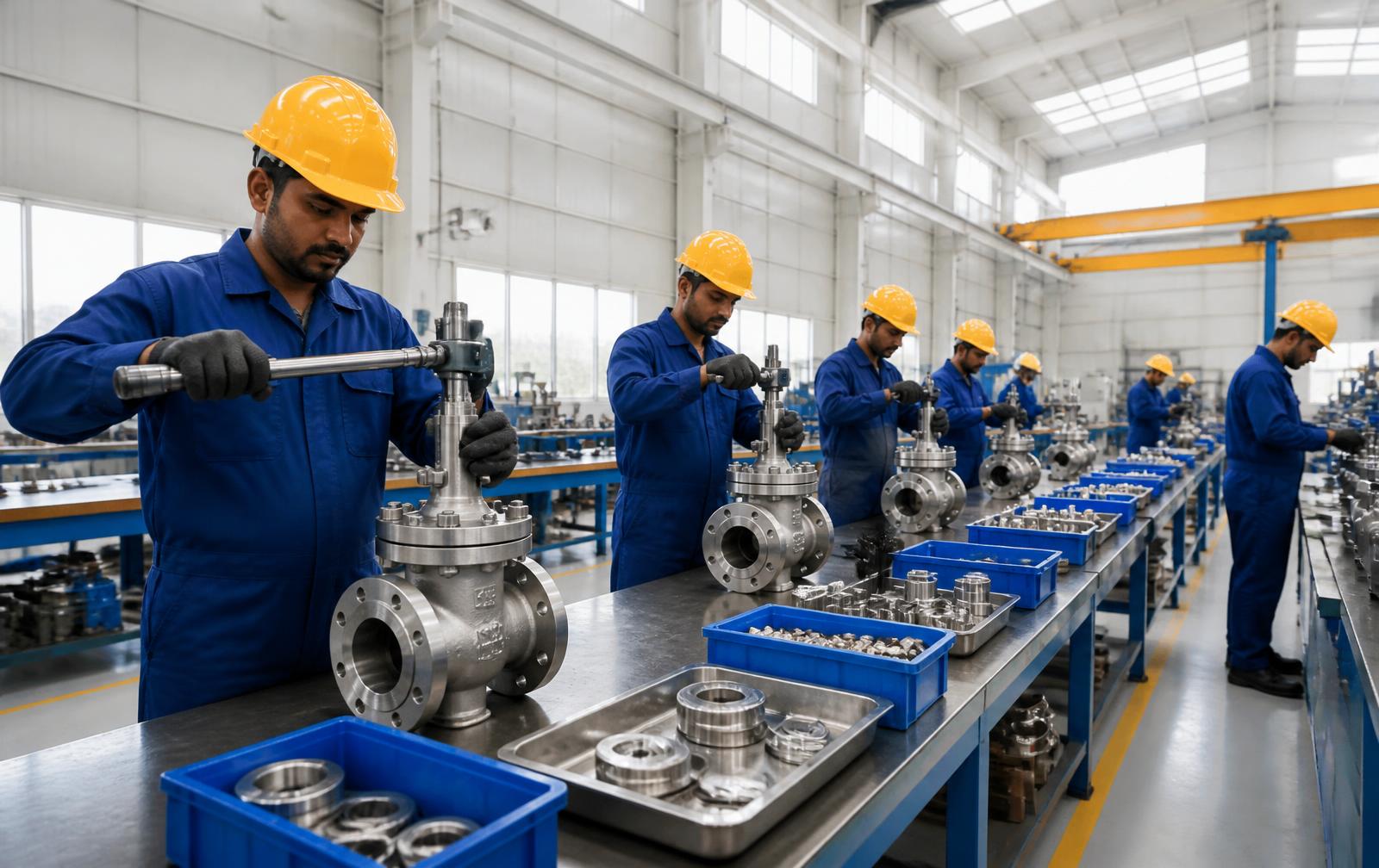 Valve assembly line at the second Panchvati unit with operators fitting bonnets