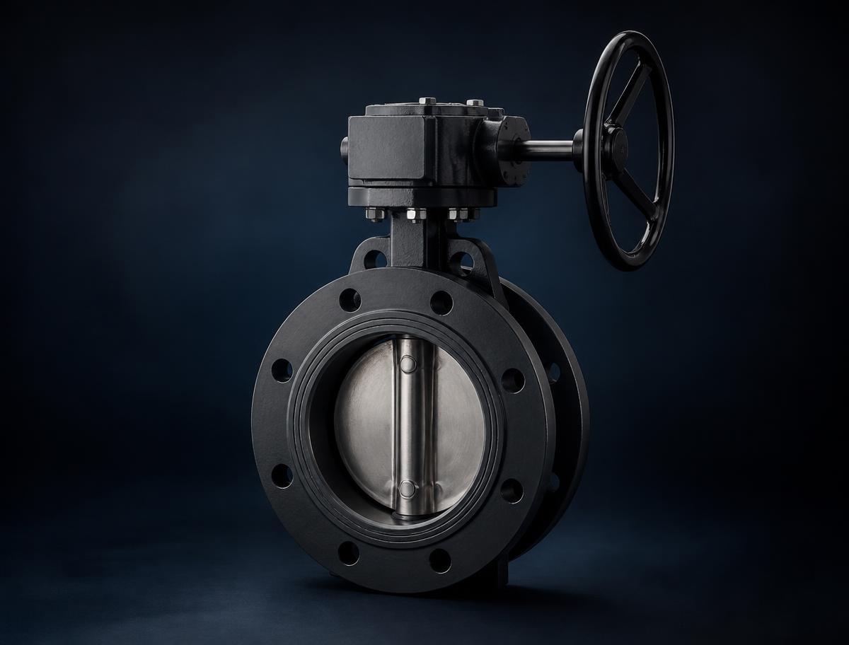 Double flanged butterfly valve with gearbox operator and handwheel