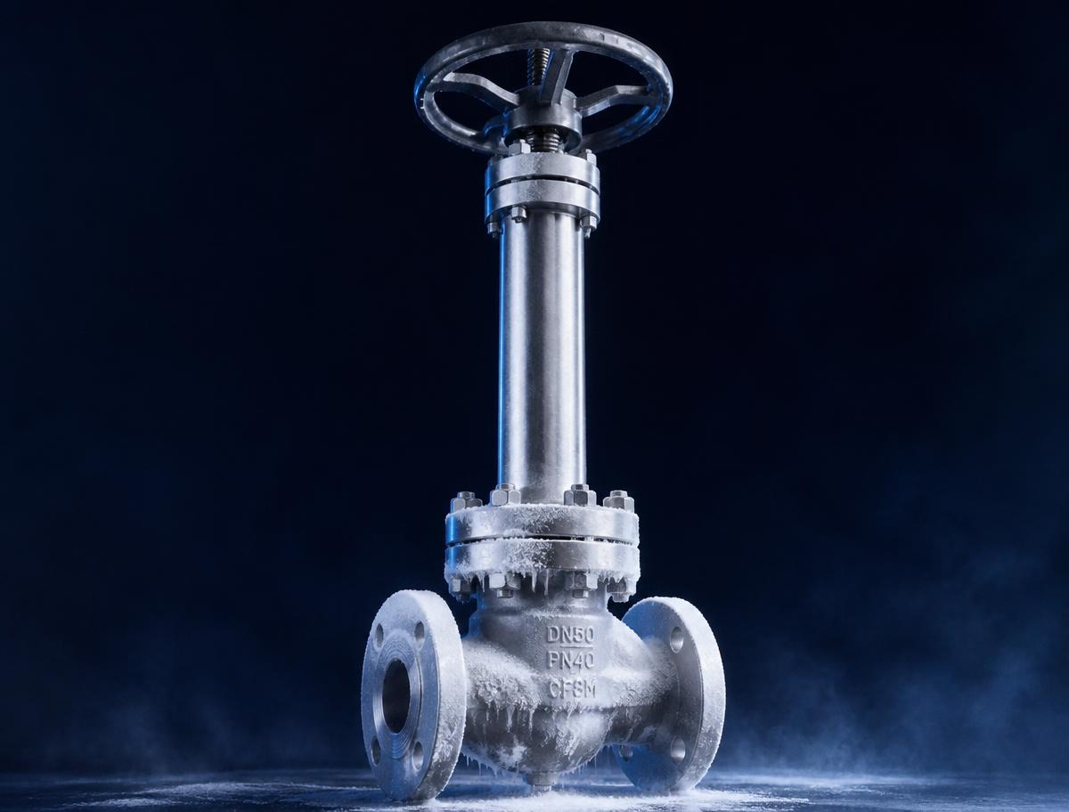 Cryogenic globe valve with extended bonnet column and frost on the body