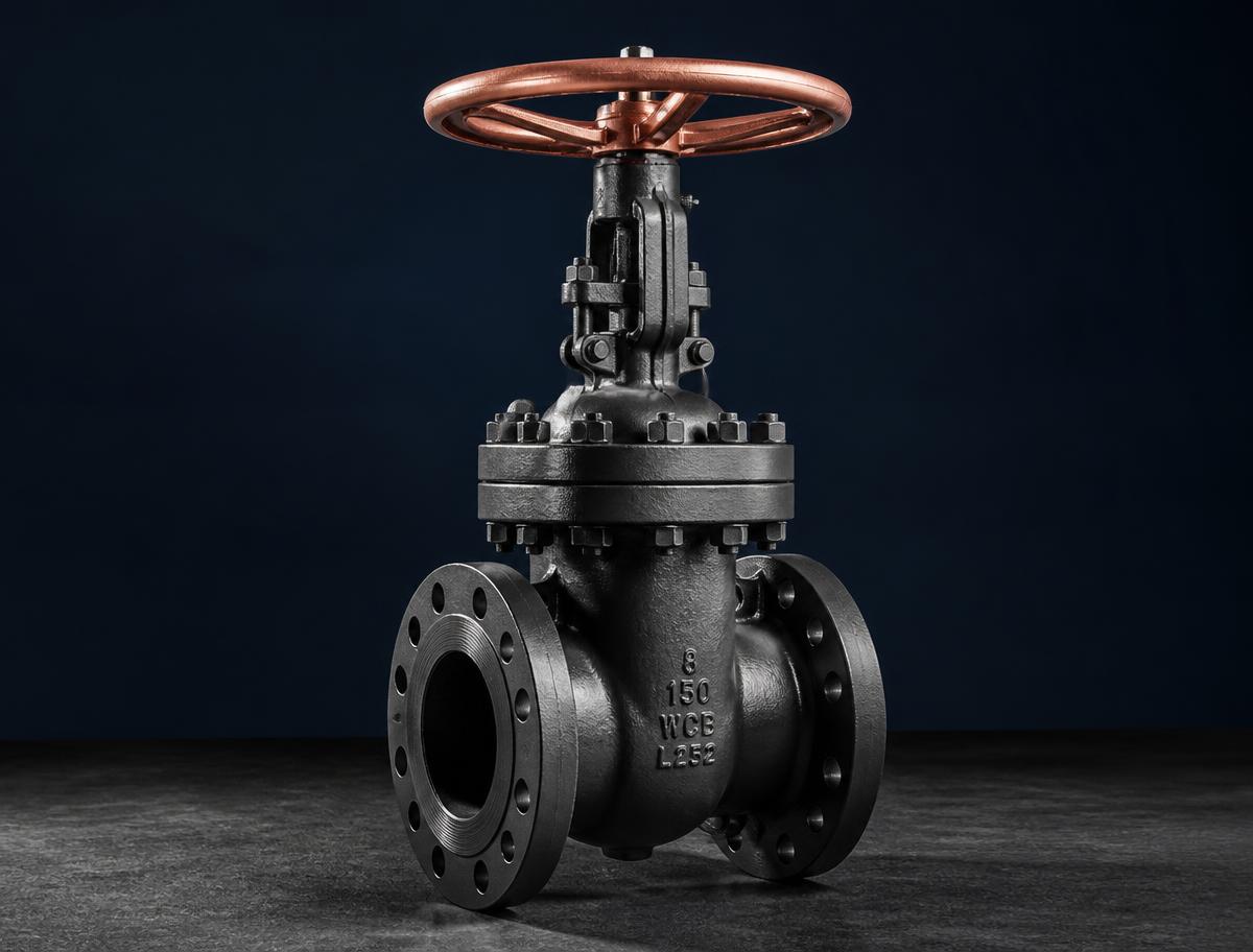 Cast steel flanged gate valve with copper-toned handwheel
