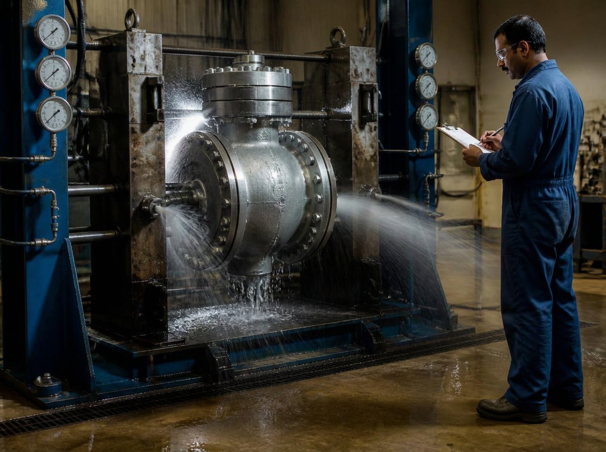 Technician recording pressure readings during a hydrostatic valve seat test
