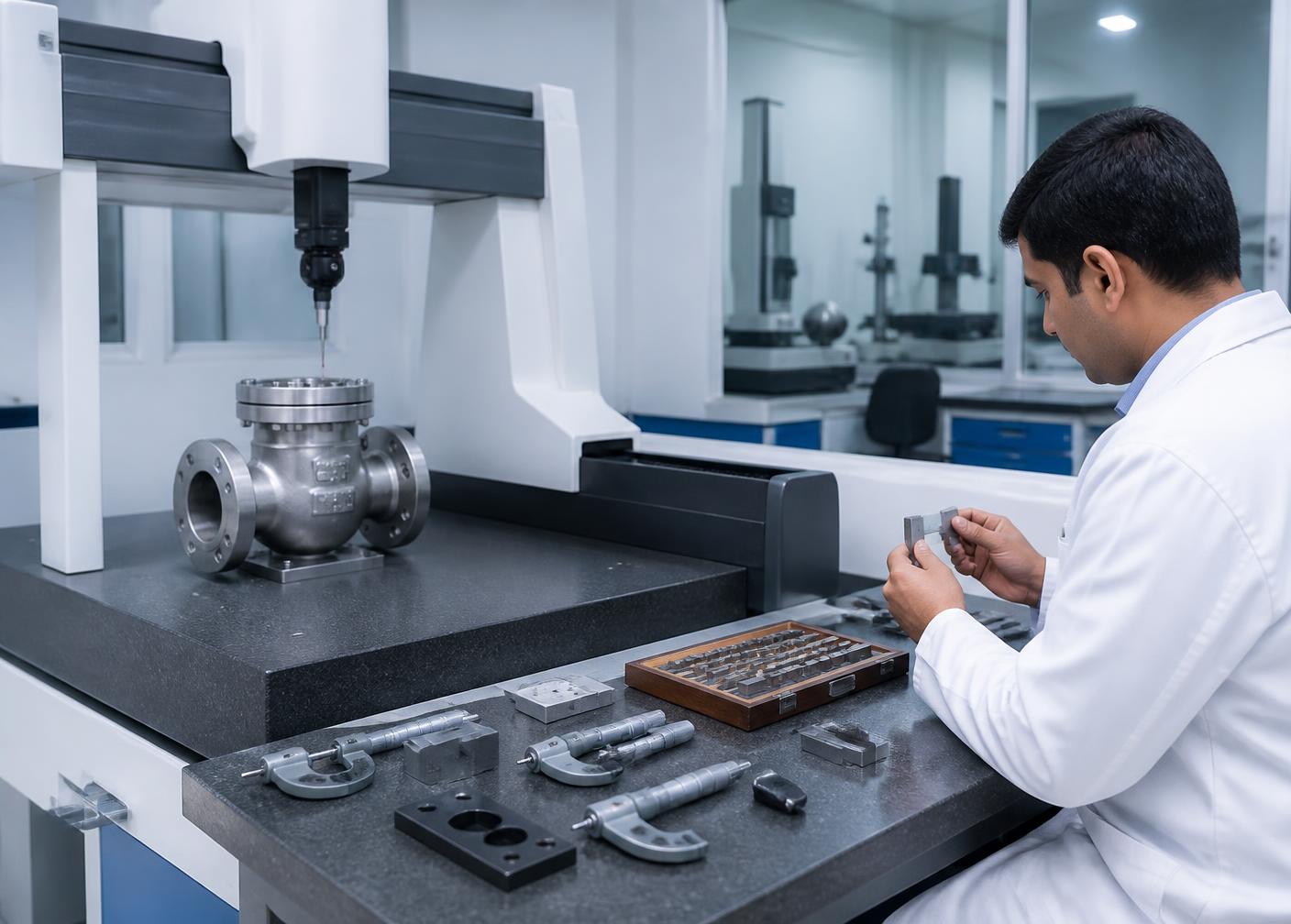 Metrology room with a coordinate measuring machine inspecting a valve disc